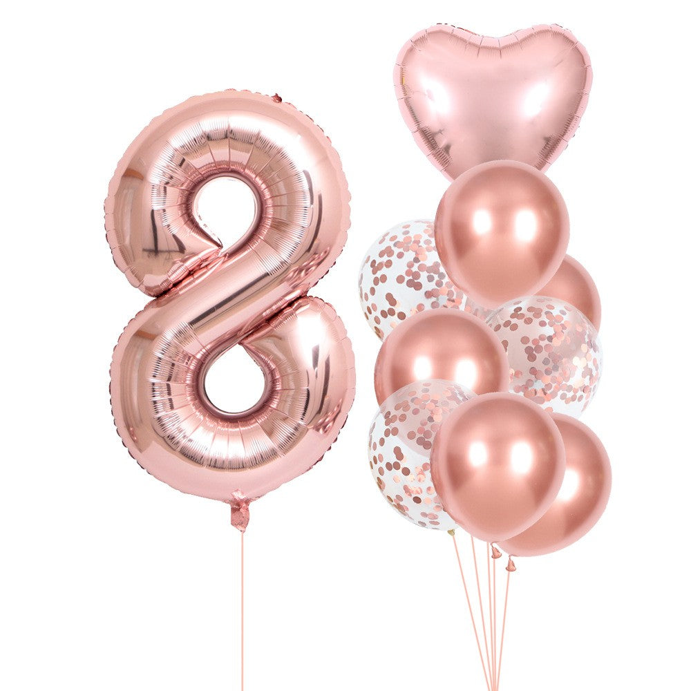 Set 10 Baloane Folie si Latex, Flippy, Tematica Aniversare, Baloane Latex 25cm, Figurina Inimioara 45 cm, Cifra 8 de 81 cm, Ambalaj Individual, Pai Inclus, Umflare cu Aer sau Heliu, Roz Pal-0