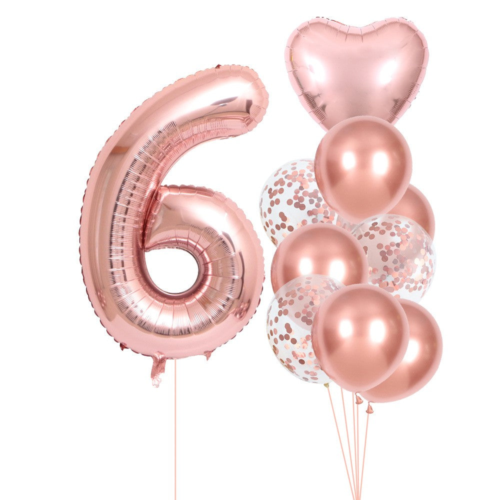 Set 10 Baloane Folie si Latex, Flippy, Tematica Aniversare, Baloane Latex 25cm, Figurina Inimioara 45 cm, Cifra 6 de 81 cm, Ambalaj Individual, Pai Inclus, Umflare cu Aer sau Heliu, Roz Pal-0