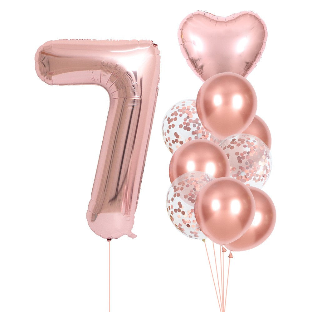Set 10 Baloane Folie si Latex, Flippy, Tematica Aniversare, Baloane Latex 25cm, Figurina Inimioara 45 cm, Cifra 7 de 81 cm, Ambalaj Individual, Pai Inclus, Umflare cu Aer sau Heliu, Roz Pal-0