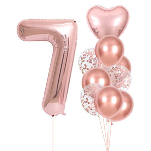 Set 10 Baloane Folie si Latex, Flippy, Tematica Aniversare, Baloane Latex 25cm, Figurina Inimioara 45 cm, Cifra 7 de 81 cm, Ambalaj Individual, Pai Inclus, Umflare cu Aer sau Heliu, Roz Pal-0