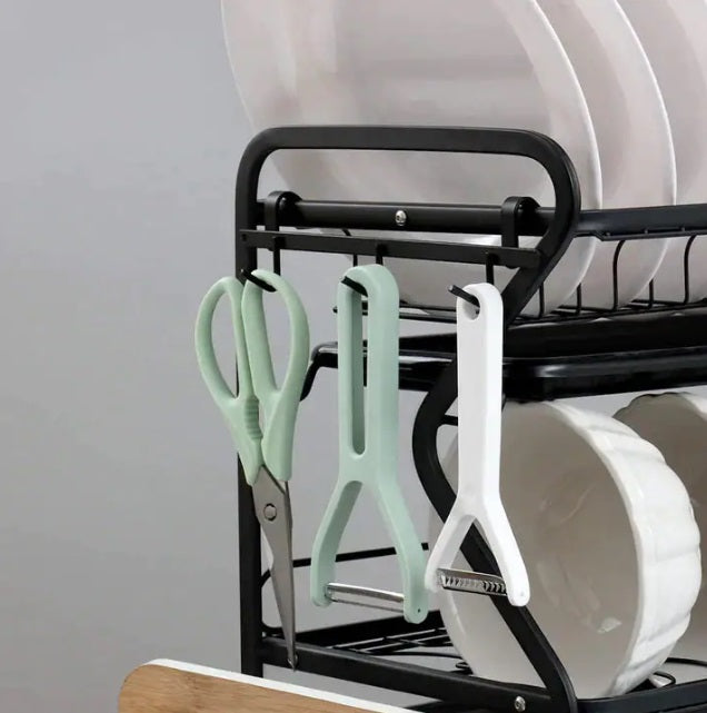 Suport organizator de vase, supraetajat cu 3 rafturi si tavita de scurgere, negru