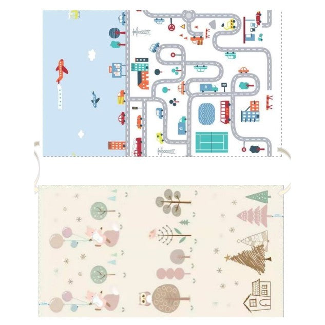 Covoraș de Joaca pentru Copii Termic cu 2 Fete, Flippy, Model Vulpi si Pista de Masini, cu Spuma, Impermeabil, Antiderapant, 200cm x 180cm x 0.8cm-0