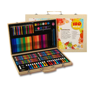 Set 180 Piese pentru Desen si Pictura, Flippy, Tip Servieta din Lemn, Model Natur, 46 x 30.9 x 4.1 cm, Multicolor-0