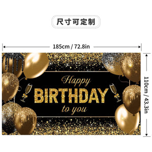 185*110cm-MH23313;-Banner background cloth photo decoration Happy Birthday black gold theme-0