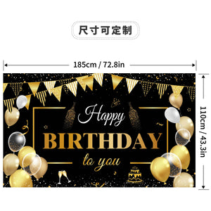 185*110cm-MH23314;-Banner background cloth photo decoration Happy Birthday black gold theme-0