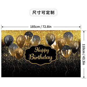 185*110cm-MH23315;-Banner background cloth photo decoration Happy Birthday black gold theme-0
