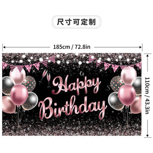 185*110cm-MH23319-Banner background cloth photo decoration Happy Birthday black gold theme-0