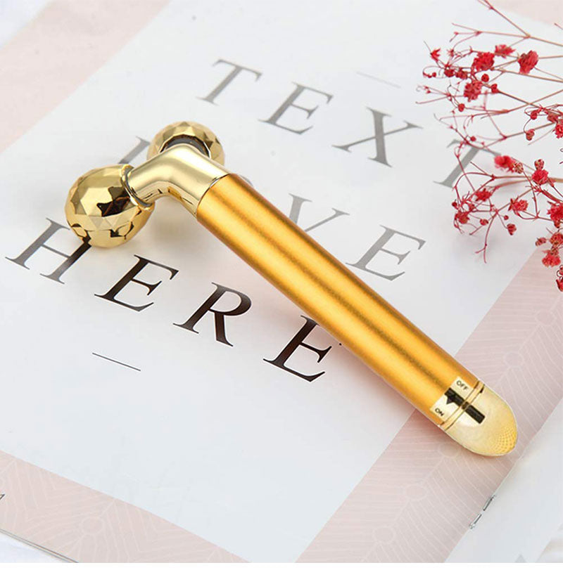 Rola Masaj Facial, Bile 3D, cu Vibratii si Rotire, 15 cm, culoare auriu.