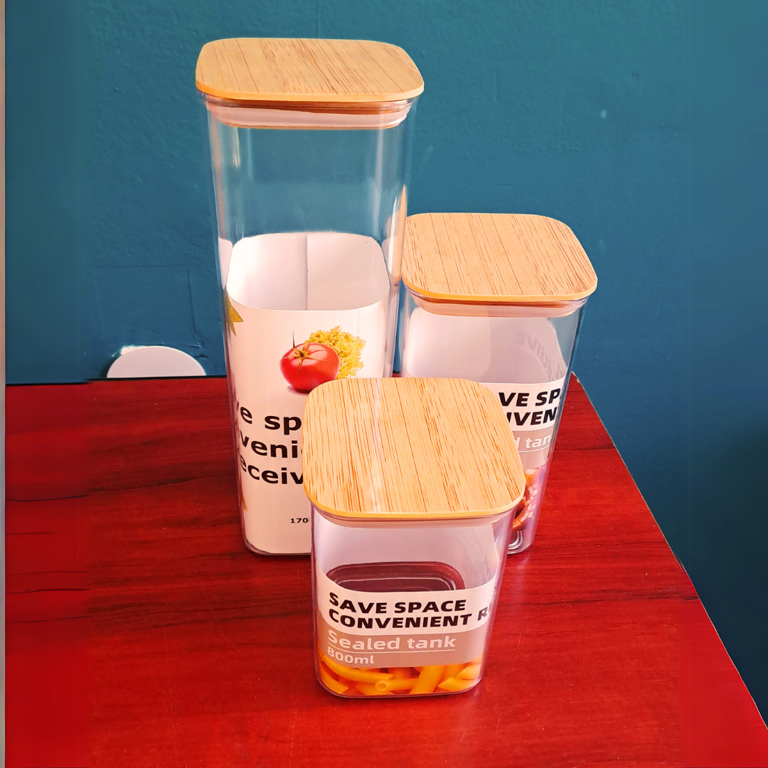 Cutii Depozitare Alimente din Plastic Rezistent cu Capac Ermetic și Design de Bambus - Modele Rectangulare