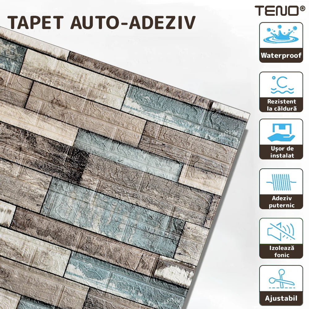 Tapet Caramida 3D, autoadeziv, waterproof, 70x70 cm, maro verde