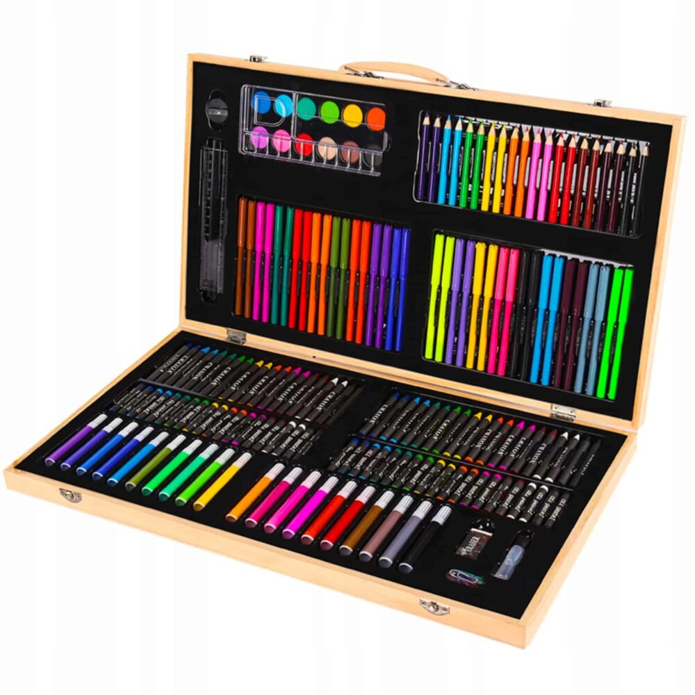Set 180 piese pentru desen pentru copii sau adulti, creioane colorate, vopsele si markere, cu geanta de transport din LEMN MASIV, model AVX-WT-ART-10-2
