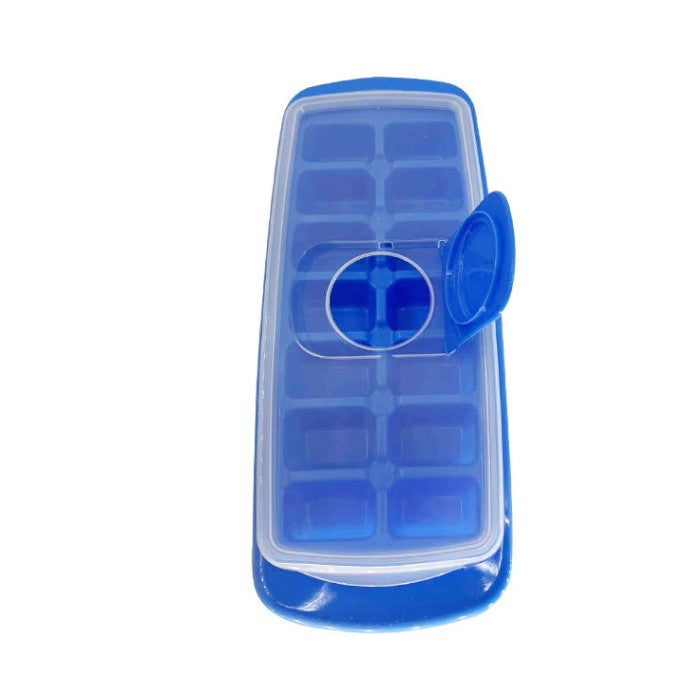 Forma pentru cuburi de gheata Flippy, 14 cuburi, reutilizabil, plastic alimentar, cu capac, orificiu umplere, dreptunghiulara, 29.5 x 12.5 x4 cm, albastru-0