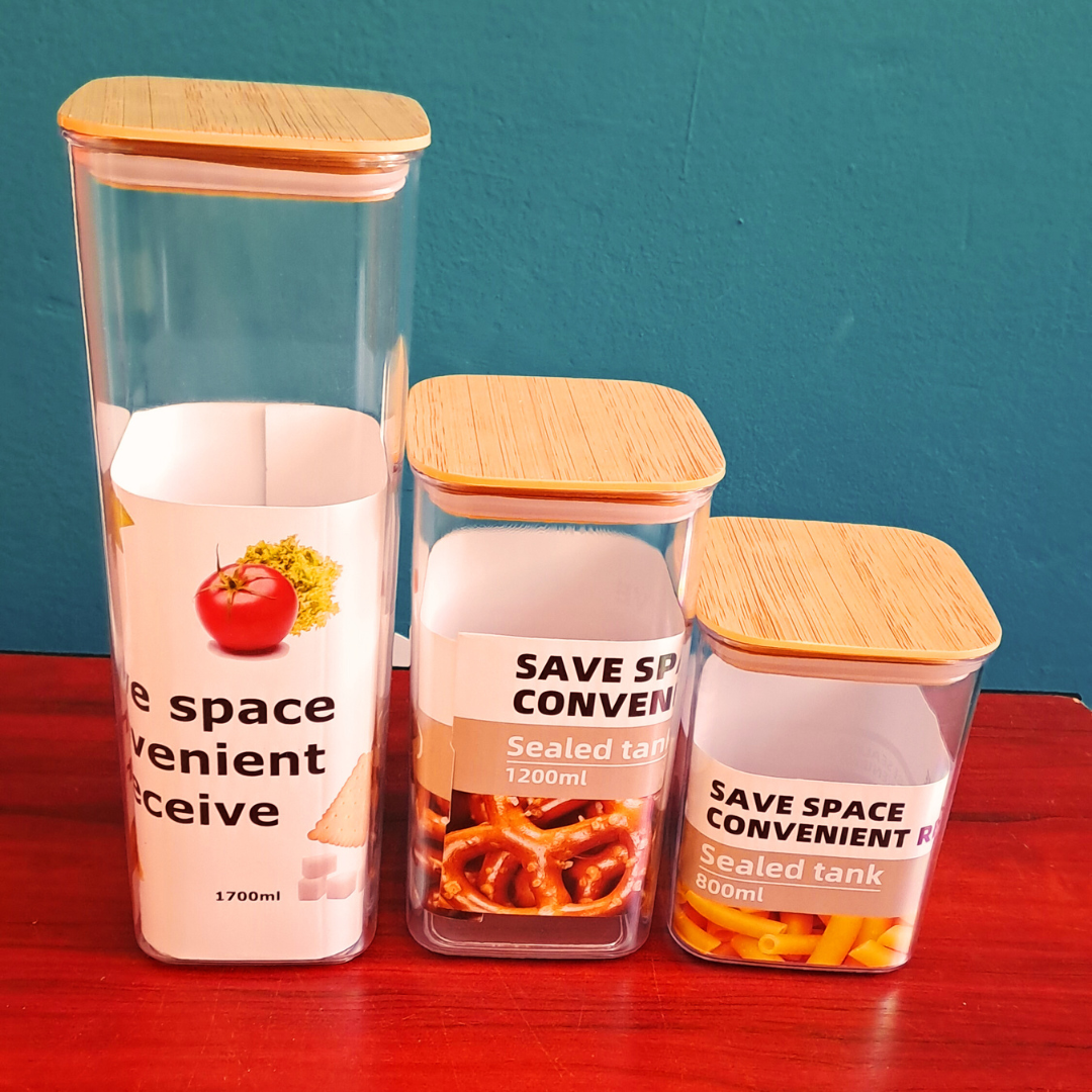 Cutii Depozitare Alimente din Plastic Rezistent cu Capac Ermetic și Design de Bambus - Modele Rectangulare