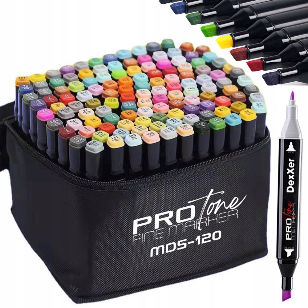 Set 120 Markere Profesionale pentru pasionatii de desen, cu cap dublu gros - subtire, cu geanta de depozitare, model AVX-WT-MDS-120-1