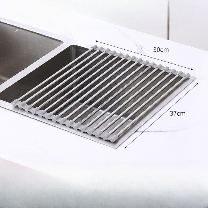 Covoras de Scurgere pentru Chiuveta Bucatarie, din Otel Inoxidabil, Suport Chiuveta, Pliabil, Antiderapant, Usor de Curatat si de Depozitat, 37x30cm, 15 Tuburi, Gri-5