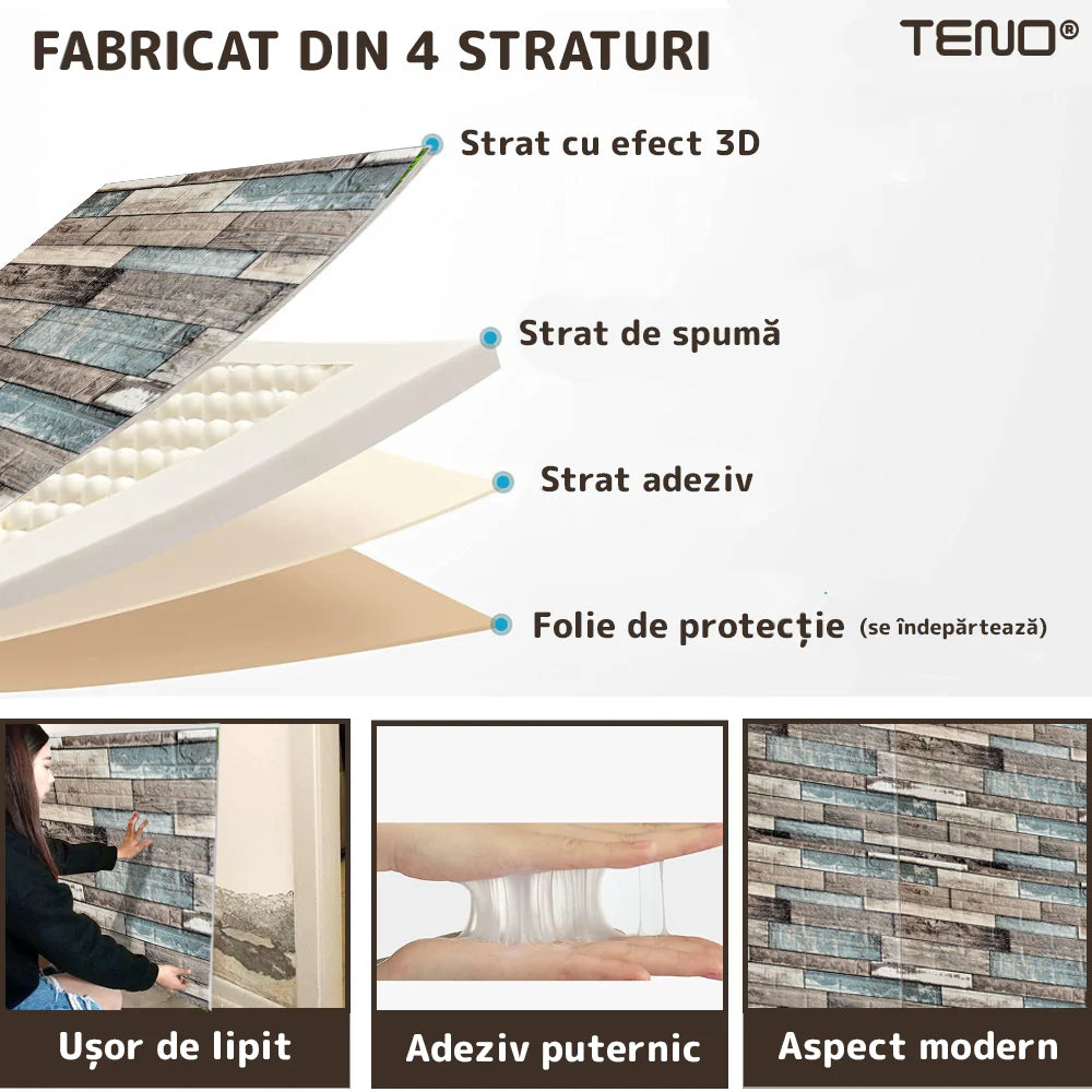 Tapet Caramida 3D, autoadeziv, waterproof, 70x70 cm, maro verde