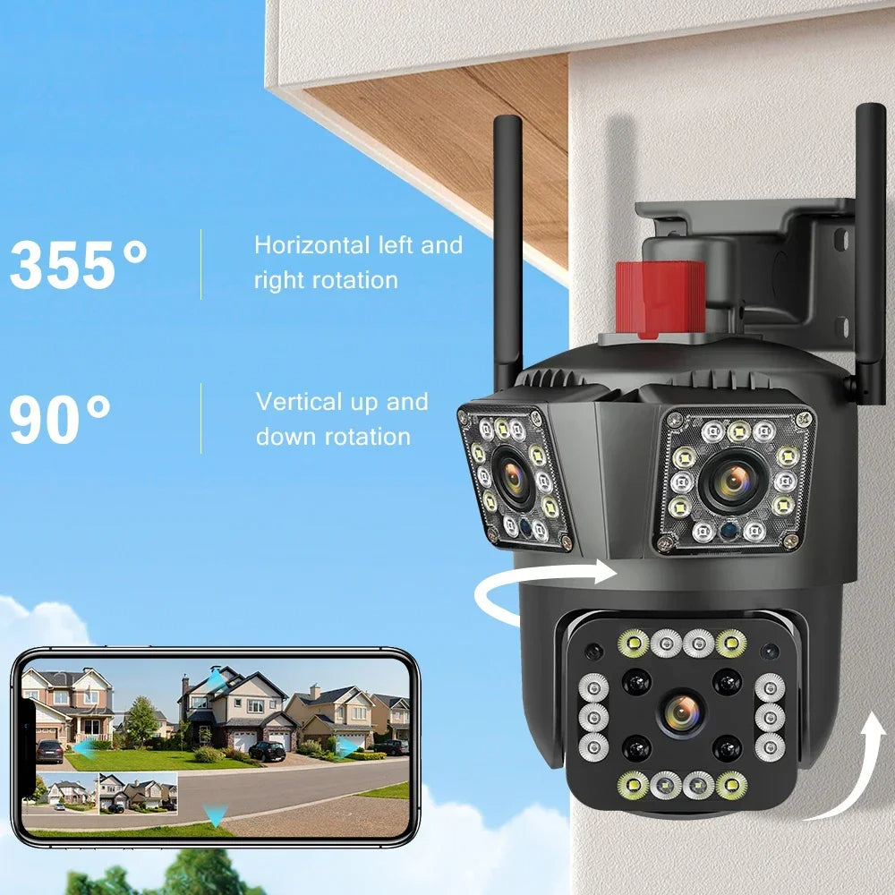 Camera de Supraveghere Tripla WIFI, 12MP, Exterior/Interior, Ultra HD, 5X zoom, Rotire, Leduri, Lumina, Comunicare Bidirectionala, Alarma, Senzor Miscare, Negru