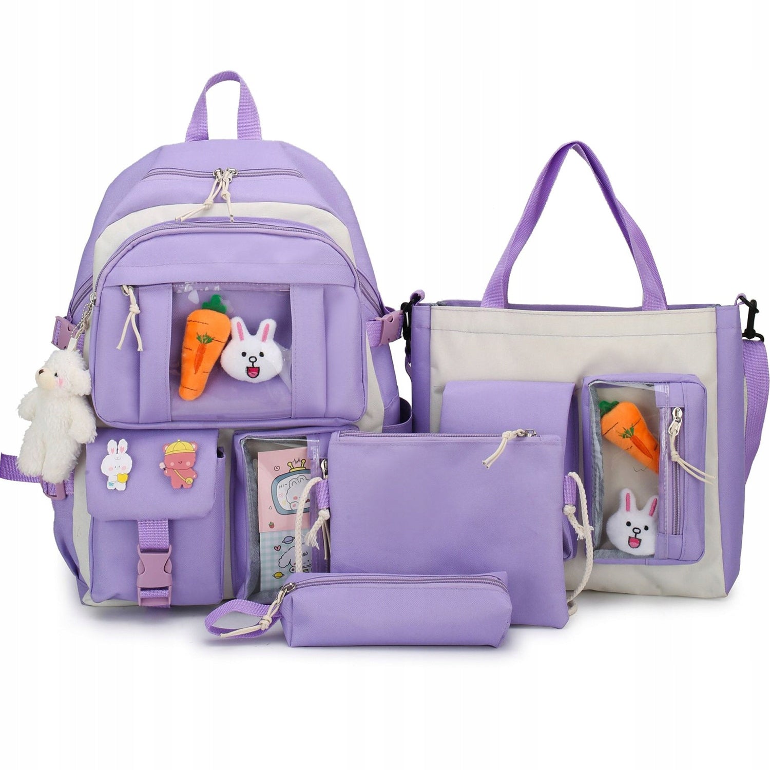 Set 4-in-1 pentru Scolari sau Prescolari - (rucsac, geanta de umar, plic elegant, penar), culoare VIOLET cu IEPURAS, Cod AVX-WT-BUNN-VIOLET-0