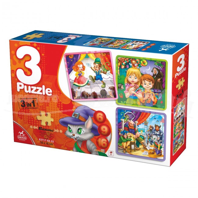 Set 3 in 1 Puzzle, Basme, 3 modele (Pinocchio, Hansel si Gretel, Motanul Incaltat)