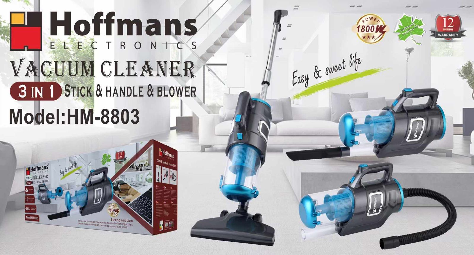 Aspirator 3in1 Hoffmans HM-8803, fără sac, putere 1800W, filtru HEPA