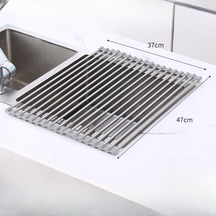 Covoras de Scurgere pentru Chiuveta Bucatarie, din Otel Inoxidabil, Suport Chiuveta, Pliabil, Antiderapant, Usor de Curatat si de Depozitat, 47x37cm, 18 Tuburi, Gri-5