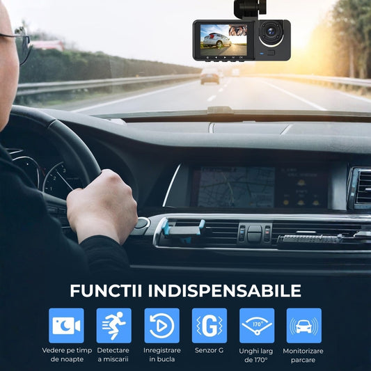 Cameră Auto Triplă DVR TRIPLE Road + Card 32GB – Înregistrare Față, Interior și Spate, WiFi, Vedere Nocturnă și Monitorizare Parcare