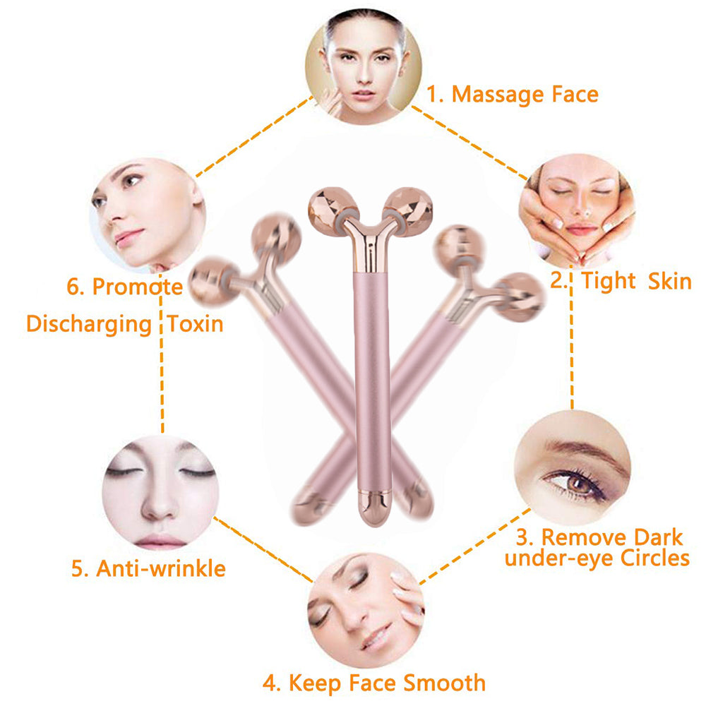 Rola Masaj Facial, Bile 3D, cu Vibratii si Rotire, 15 cm, culoare auriu.