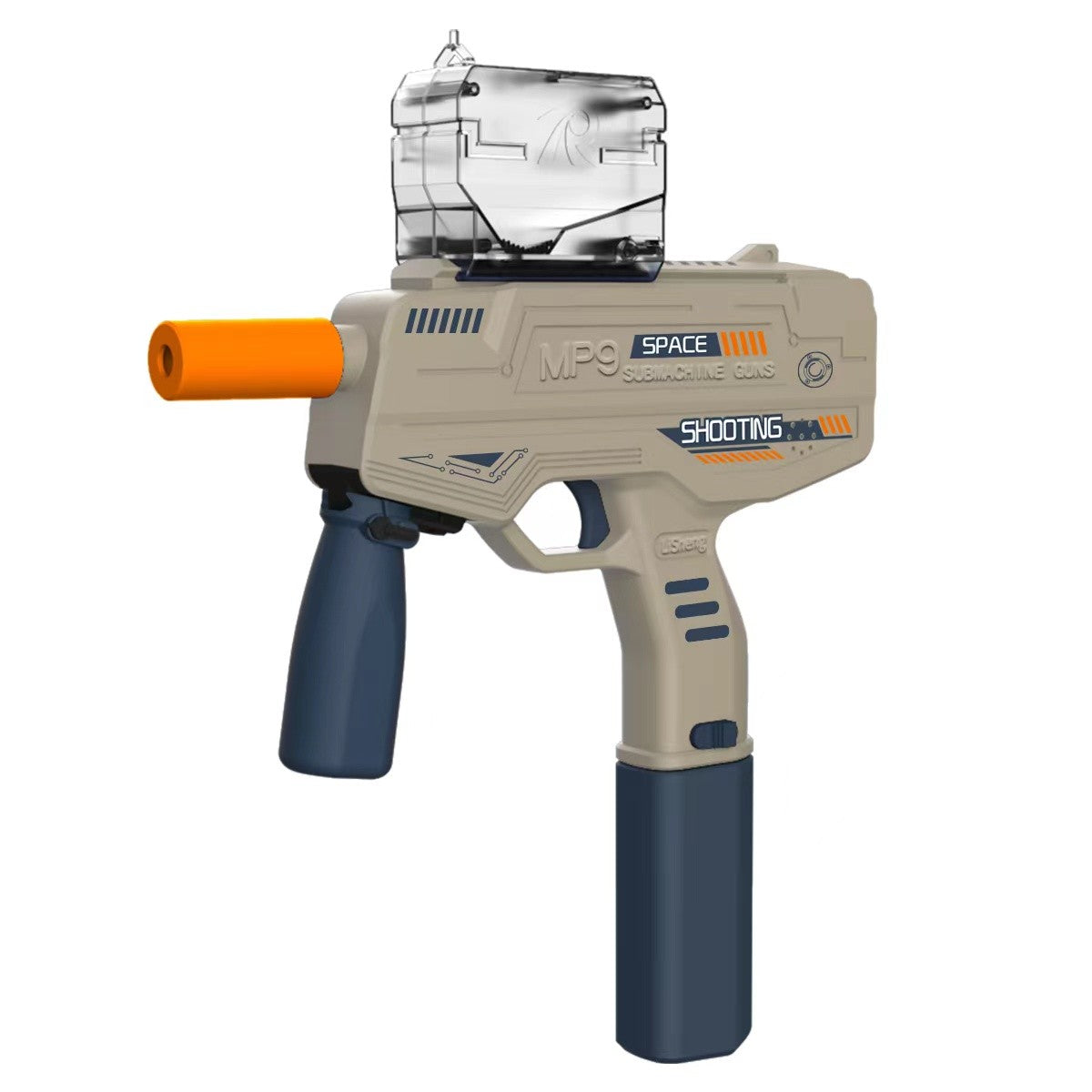 Mitraliera de jucarie electrica Flippy cu bile de hidrogen de gel, gun bluster, tragere in rafala, varsta peste 6 ani, ochelari de protectie, 5000 de bile incluse, cablu de incarcare, 40.1 x 31.6 cm, Mp9, crem-0