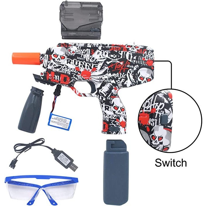 Mitraliera de jucarie electrica Flippy cu bile de hidrogen de gel, gun bluster, tragere in rafala, varsta peste 6 ani, ochelari de protectie, 5000 de bile incluse, cablu de incarcare, 40.1 x 31.6 cm, Mp9, rosu-2