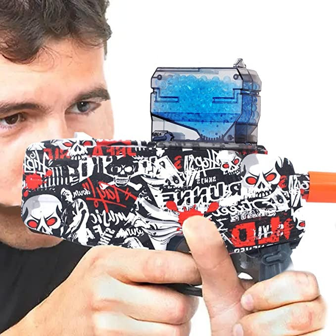 Mitraliera de jucarie electrica Flippy cu bile de hidrogen de gel, gun bluster, tragere in rafala, varsta peste 6 ani, ochelari de protectie, 5000 de bile incluse, cablu de incarcare, 40.1 x 31.6 cm, Mp9, rosu-4