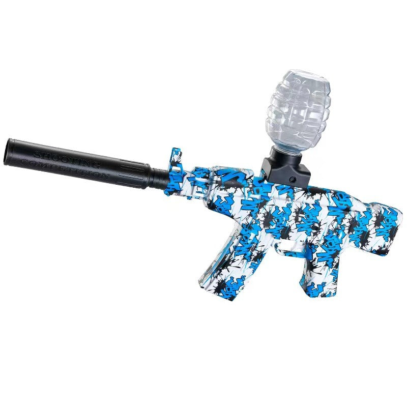 Mitraliera de jucarie electrica Flippy cu bile de hidrogen de gel, gun bluster, tragere in rafala, varsta peste 6 ani, sageti cu ventuze de spuma, amorizor, ochelari de protectie, 5000 de bile incluse, cablu de incarcare, 28x31 cm, AK47, albastr-1