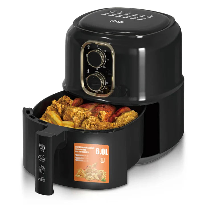 Friteuza cu aer Cald - Air Fryer RAF - 4.8L, 1600W, Control Manual, Circulare aer cald 360 grade, cu funcție Auto-Oprire, Negru, 3 ani Garanție + Carte de rețete electronică Cadou