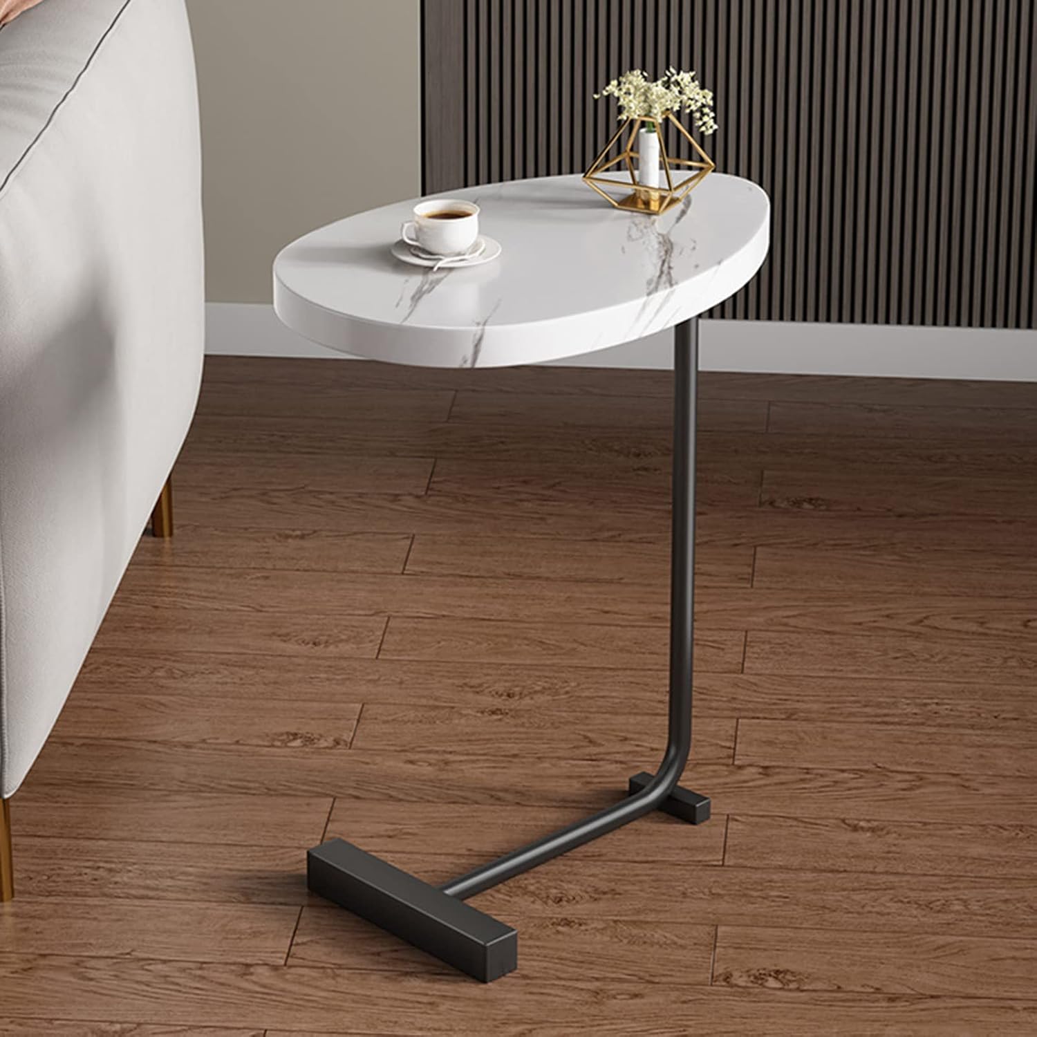 Masuta de Cafea Design Nordic cu Picior Metalic, Alb cu Negru, 40x30x70 cm