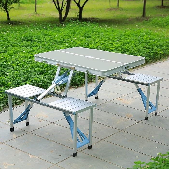 Masă Camping cu 4 Scaune, Aluminiu + Metal, Pliabilă, Tip Valiză, 85 x 75 x 67 cm