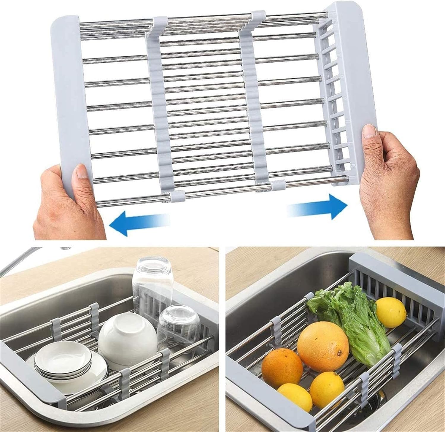 Suport de scurgere extensibil pentru vase peste chiuveta, organizator pe blat