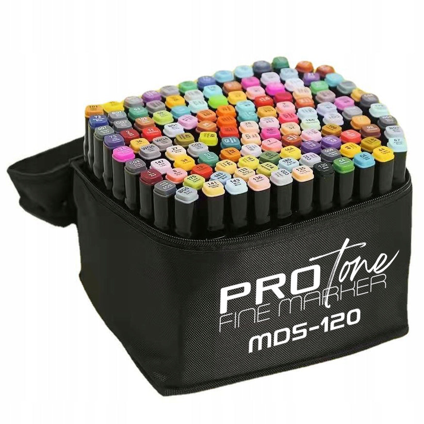 Set 120 Markere Profesionale pentru pasionatii de desen, cu cap dublu gros - subtire, cu geanta de depozitare, model AVX-WT-MDS-120-3