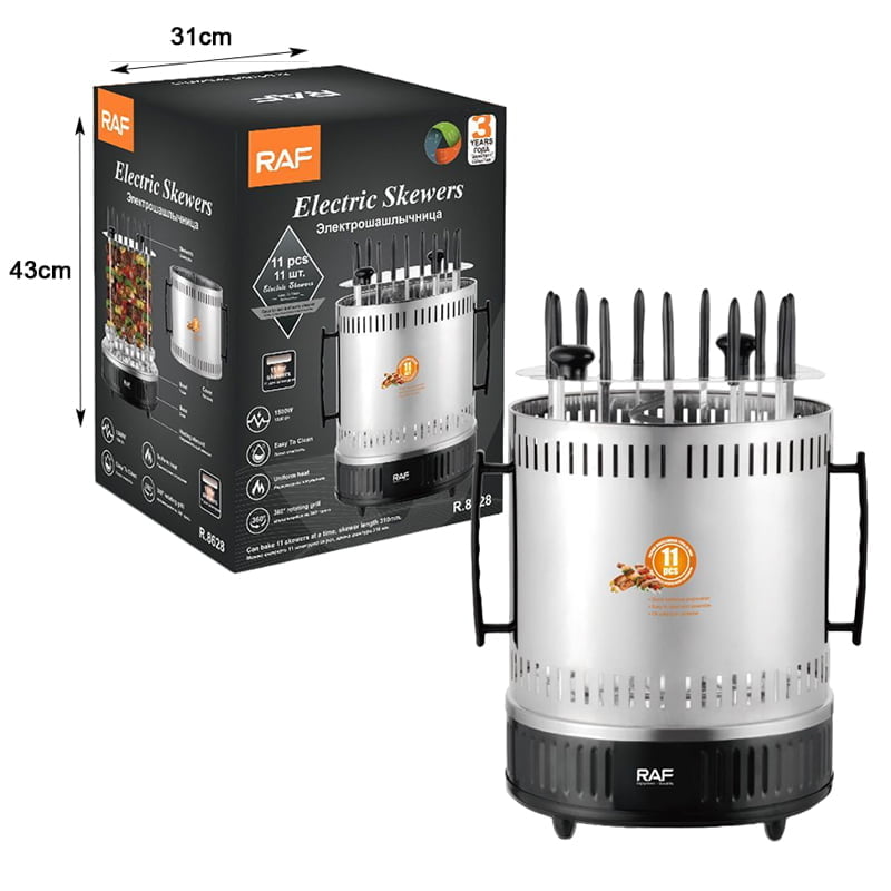 Grătar Electric Vertical RAF R.8628 – 1500W, 11 Frigărui Rotative, Gătit Rapid și Ușor