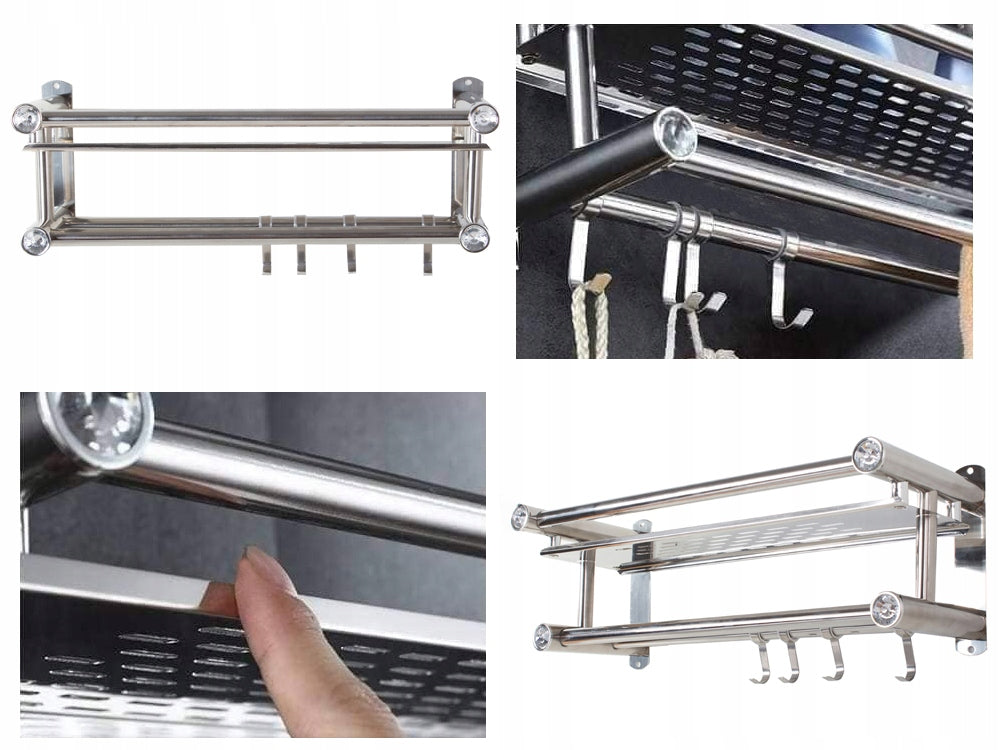 Etajera Organizatoare pentru Baie și Dus, din Oțel Inoxidabil, cu Agățători și Bare pentru Prosoape