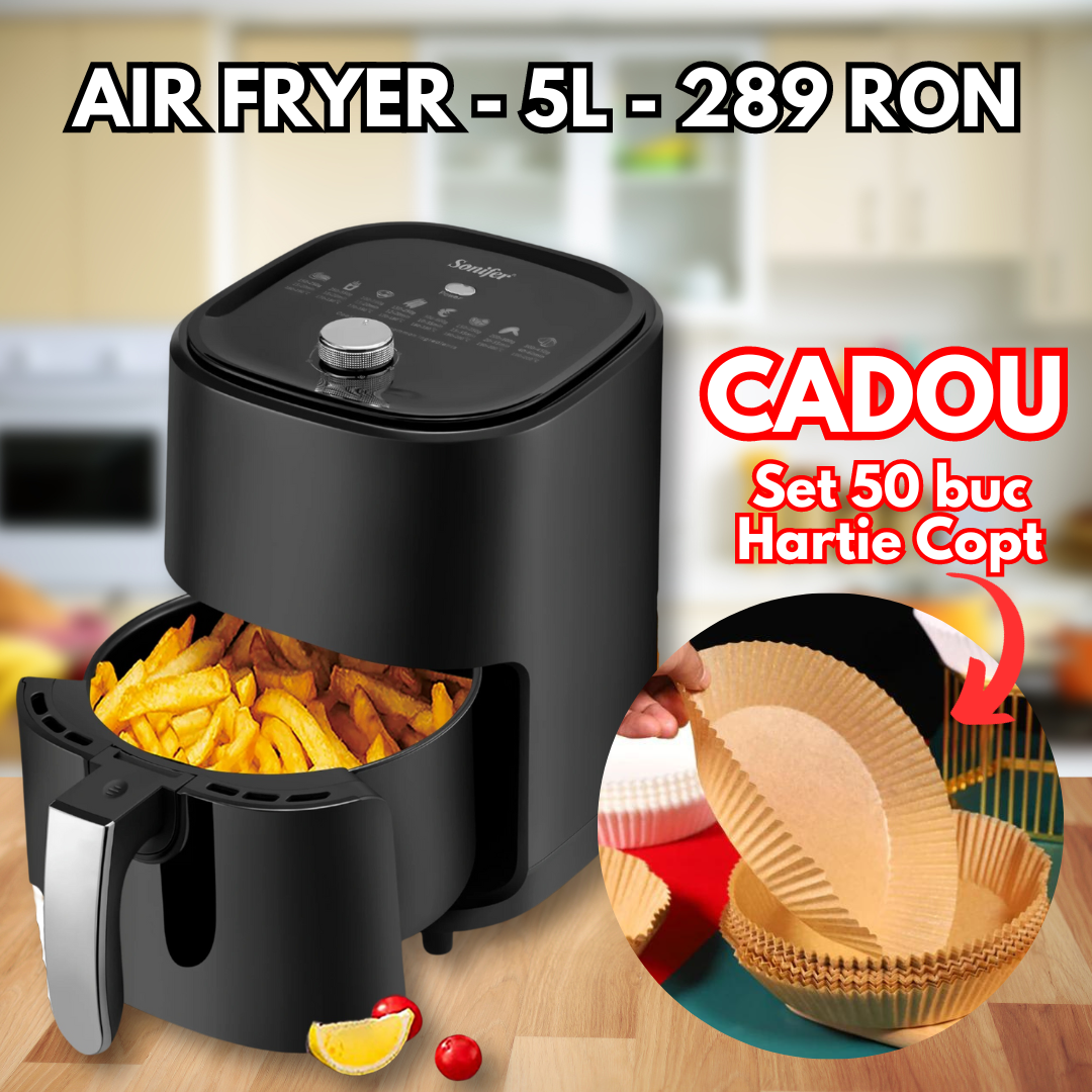 Friteuza cu aer cald SonyMax, 5L + CADOU - Set de 50 de hârtii de copt pentru AirFryer
