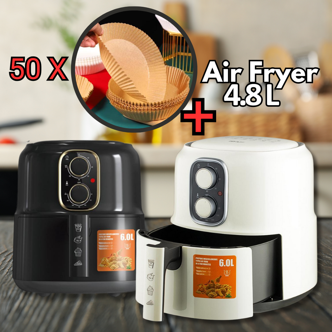 Ofertă: Air Fryer Premium Capacitate 4.8L, 1500W, Circulație Aer 360° + Set 50 de Hârtii de Copt pentru AirFryer+CADOU CARTE DE RETETE