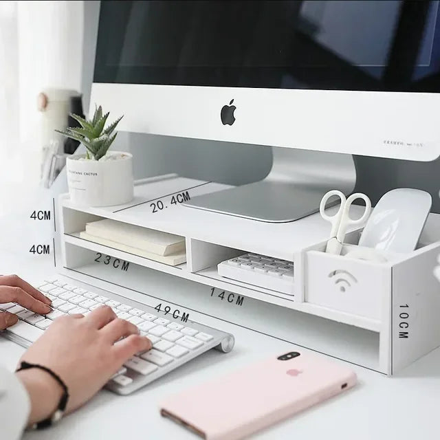 Stand Organizator pentru Laptop sau Monitor cu 2 Sertare de Depozitare, Spațiu pentru Tastatură și Suport de Pixuri