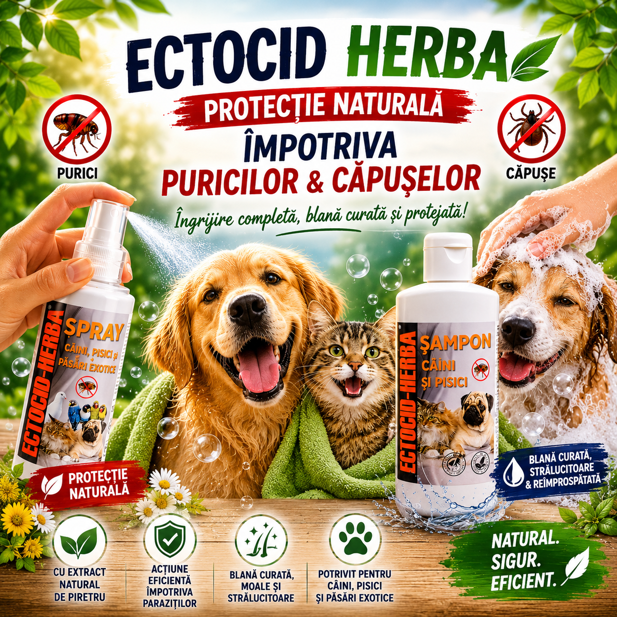 Pachet Ectocid Herba Purici & Căpușe – Spray Antiparazitar 100 ml + Șampon Antiparazitar 200 ml pentru Câini și Pisici