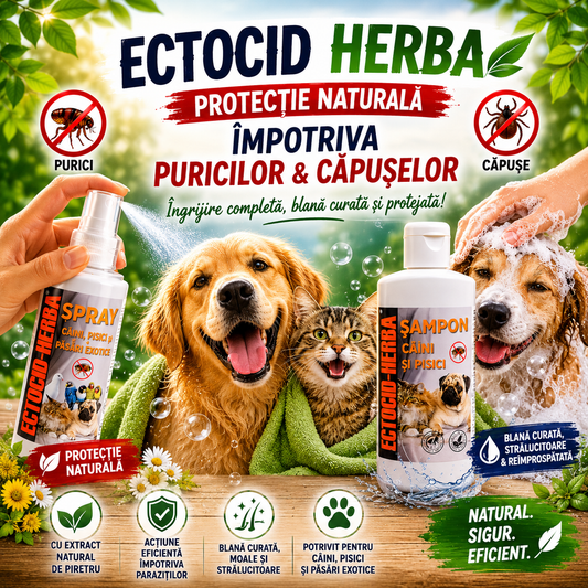 Pachet Ectocid Herba Purici & Căpușe – Spray Antiparazitar 100 ml + Șampon Antiparazitar 200 ml pentru Câini și Pisici