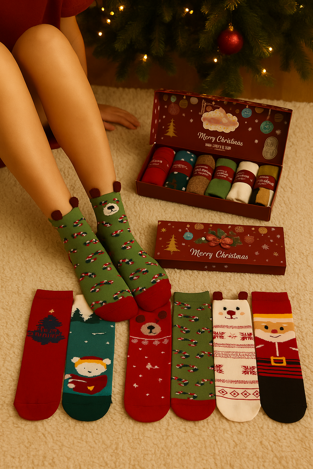Set 6 Perechi Șosete din Bumbac – Modele de Crăciun + Cutie Cadou