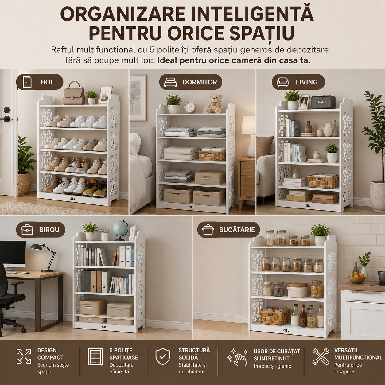 Raft Multifuncțional din Lemn cu 5 Polițe 90x62x23 cm – Suport pentru Pantofi, Bibliotecă și Organizator