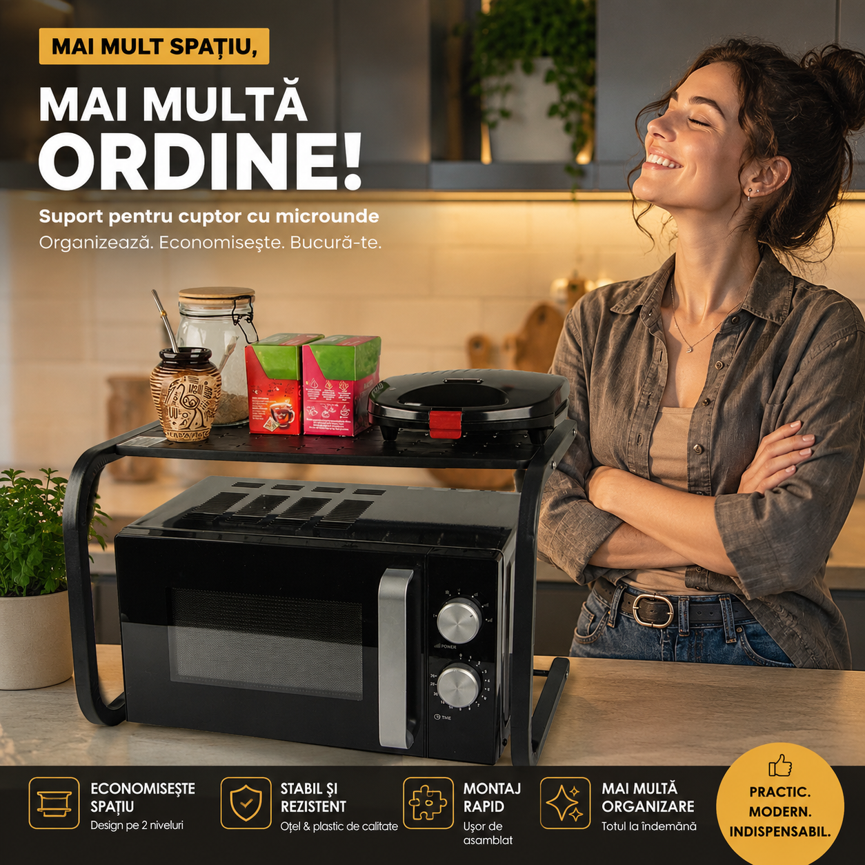 Suport pentru Cuptor cu Microunde – Raft Organizator pentru Bucătărie - 54x35x36cm
