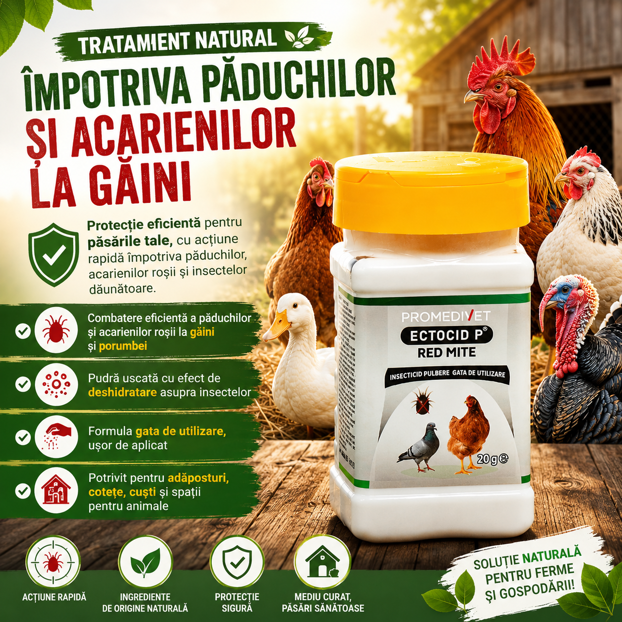Ectocid P Red Mite 20 g – Tratament natural împotriva păduchilor și acarienilor la găini