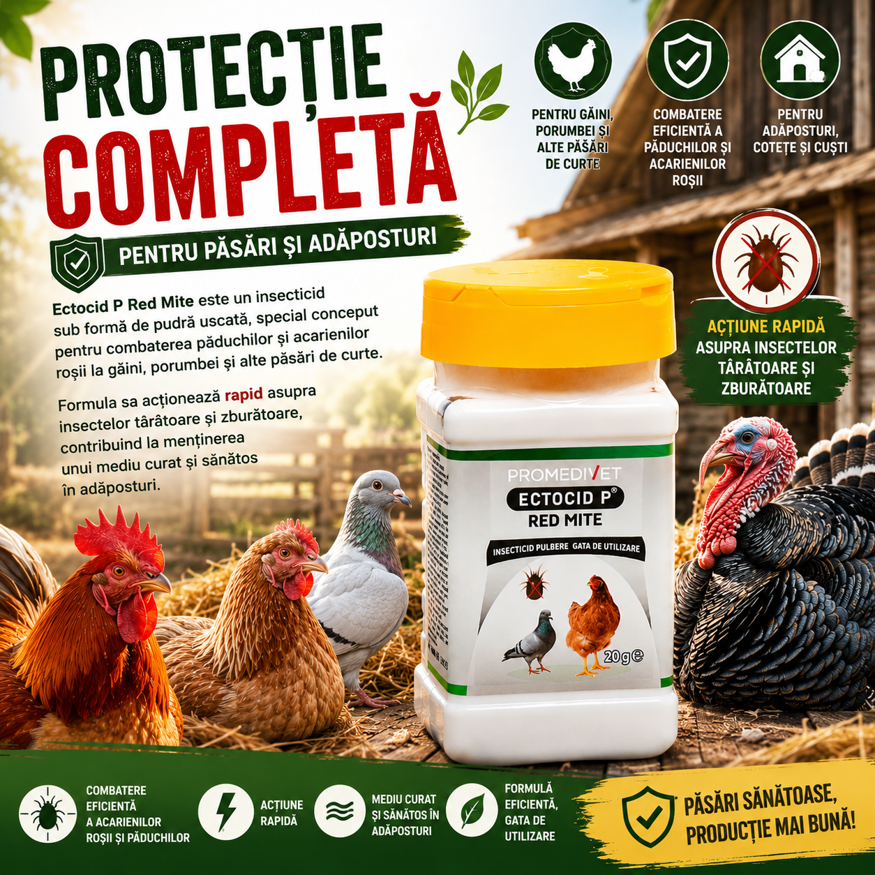 Ectocid P Red Mite 20 g – Tratament natural împotriva păduchilor și acarienilor la găini