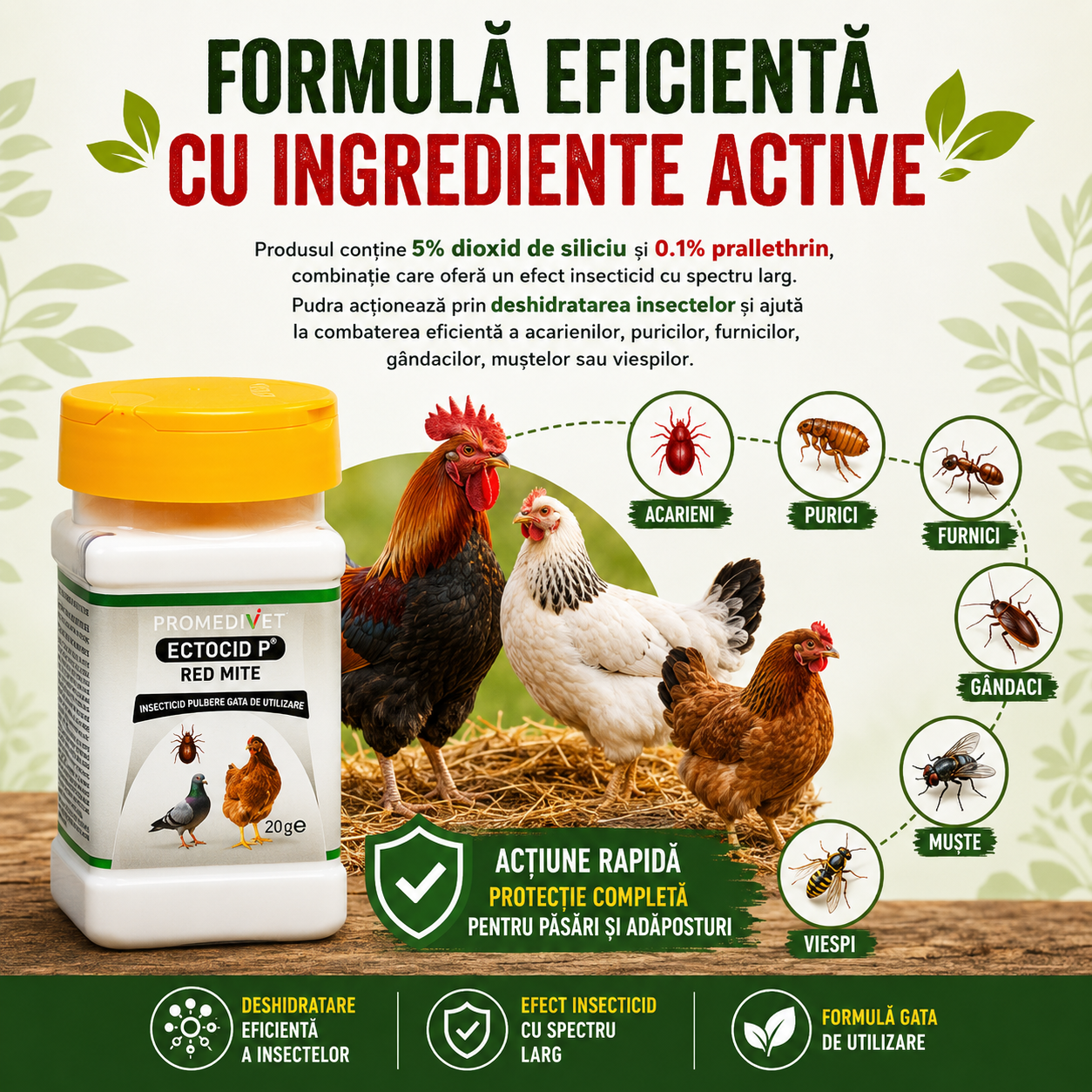 Ectocid P Red Mite 20 g – Tratament natural împotriva păduchilor și acarienilor la găini