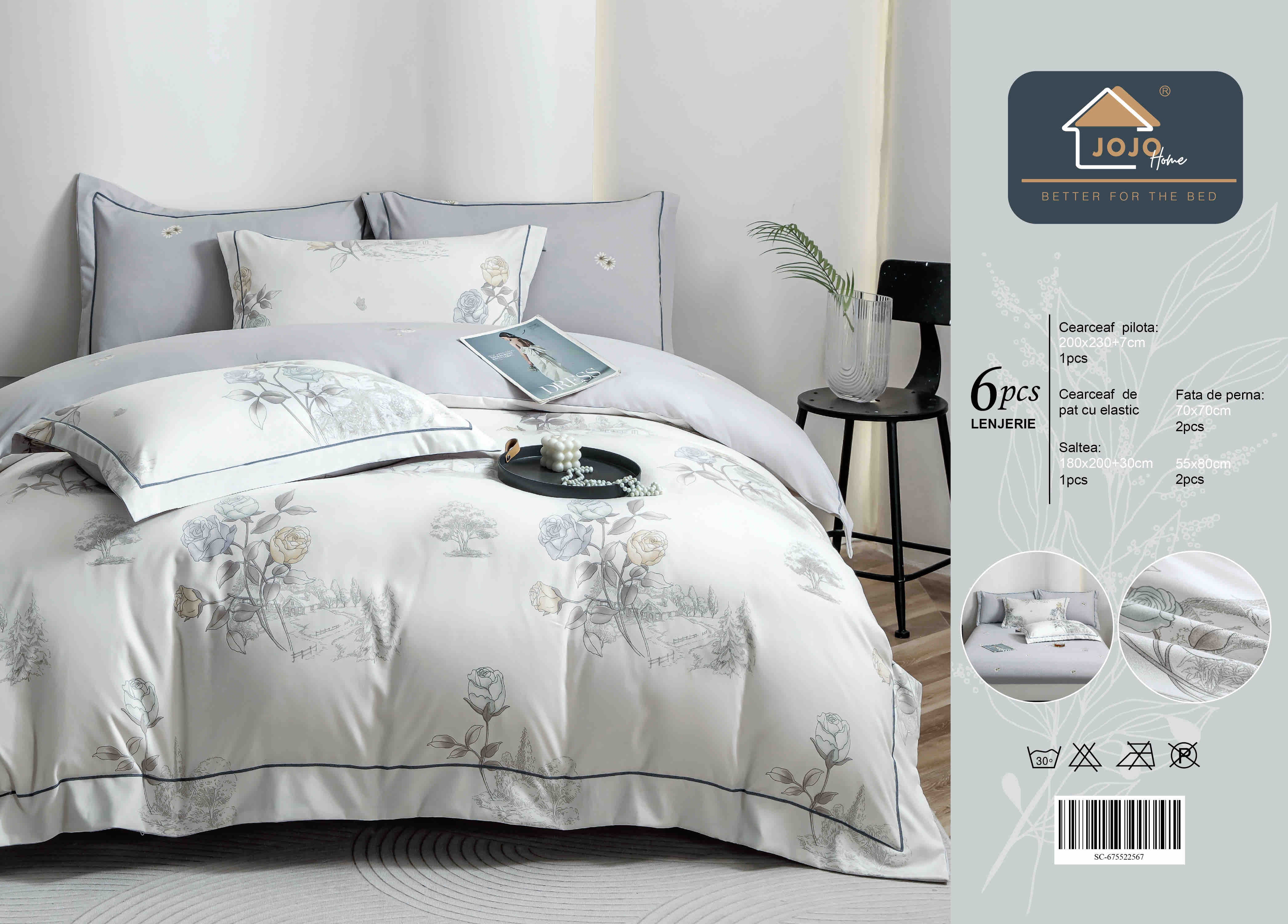Lenjerie De Lux în Cutie Cadou - Bumbac Finet, 6 Piese, Cearceaf cu Elastic, Model 4